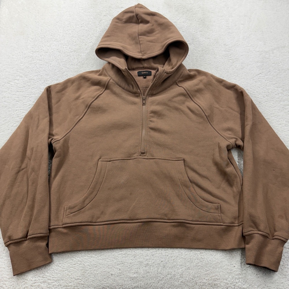 Quince Womens Brown Half Zip Fleece Hoodie Kangaroo Pocket Relaxed Fit Size M